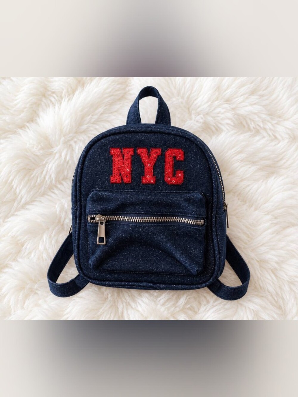 NYC Red Embroidered Denim Mini Backpack - Navy